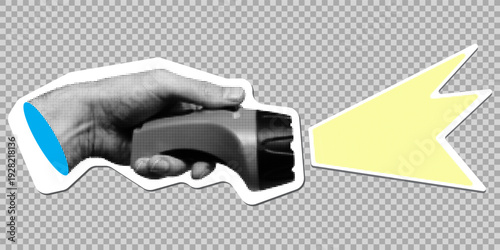 Halftone flashlight icon with light beam arrow. Handheld torch sticker in vintage pop art style with direction arrow, Isolated