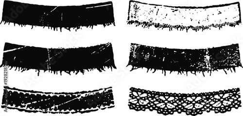 Set of black lace patterns with various textures and designs, decorative delicate borders and trims