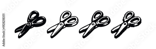 Dynamic scissors icon set featuring solid, outline, textured, and pixel art styles, depicting cutting tools.