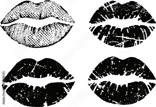 Black grunge lip prints set four distinct textured kiss mark designs on white background