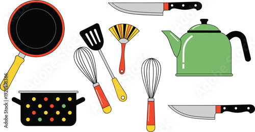 Kitchen Cooking Utensils Set Vector Illustration with Frying Pan, Knife, Whisk, Spatula, Kettle and Pot Isolated on White Background