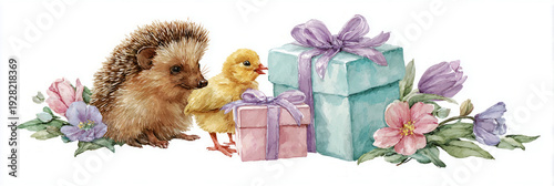 A tiny hedgehog and a chick exchange colorful Easter gifts in a setting full of flowers and eggs. They share a moment of friendship in a bright and cheerful space, banner