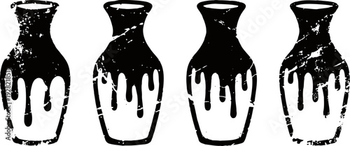 Four black and white distressed vases with paint drip design in grunge