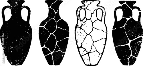 Ancient broken pottery vases silhouette set cracked ceramic jars with handles isolated on white