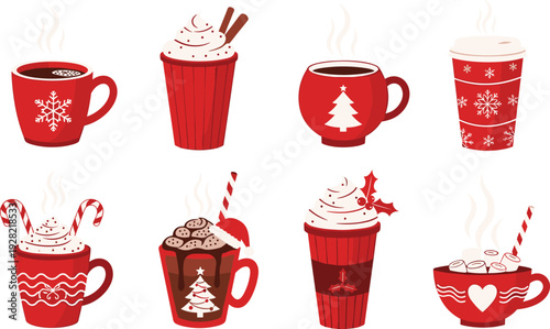 Set of festive Christmas drink vector illustrations with hot chocolate coffee whipped cream marshmallows and candy canes in red holiday mugs isolated