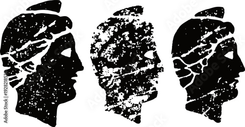 ancient greek coin heads black silhouette profiles of classical male figures vintage currency art with detailed hairstyles and headbands