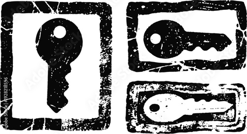 Grunge black key icons set in rectangular frames with distressed texture
