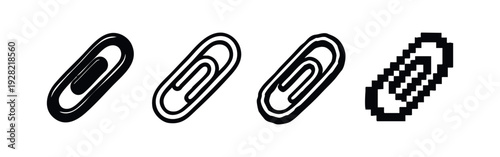 Classic paper clip icon set in solid, outline, textured, and pixel art variations, essential for office documents.