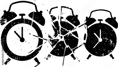 Broken alarm clock illustration with smashed glass and two intact clocks on black and white background