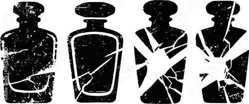 set of four vintage glass bottles with cracks and damage in black silhouette