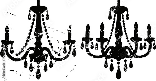 Silhouette of vintage chandeliers with hanging crystals and candle lights in black