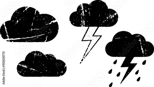 Grunge weather cloud icons with lightning and rain elements representing stormy conditions and forecasts