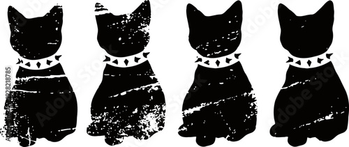 black grunge cat silhouettes with studded collars vintage distressed feline icons with textured effect