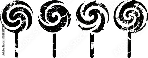 Four vintage black and white swirl lollipop silhouettes with distressed texture on white background