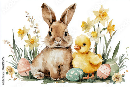 A cute bunny and a tiny duckling are sitting next to each other in a spring garden. They are surrounded by daffodils, mimosa branches, and colorful eggs. It is Easter time