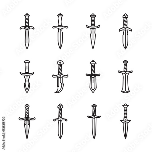 Collection of Antique Dagger Icons Medieval Weapon Line Art Isolated Vector Illustrations
