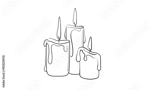 Minimalist continuous line art of a single 3 burning candles, elegant wax candle flame sketch for cozy decor or ritual. Vector illustration