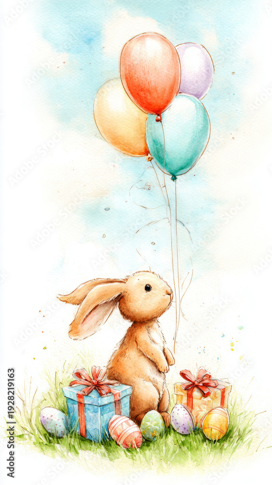 Obraz premium A bunny is sitting on green grass with colorful Easter eggs around it. A small present is nearby. Balloons float in the air, adding to the festive mood of the holiday