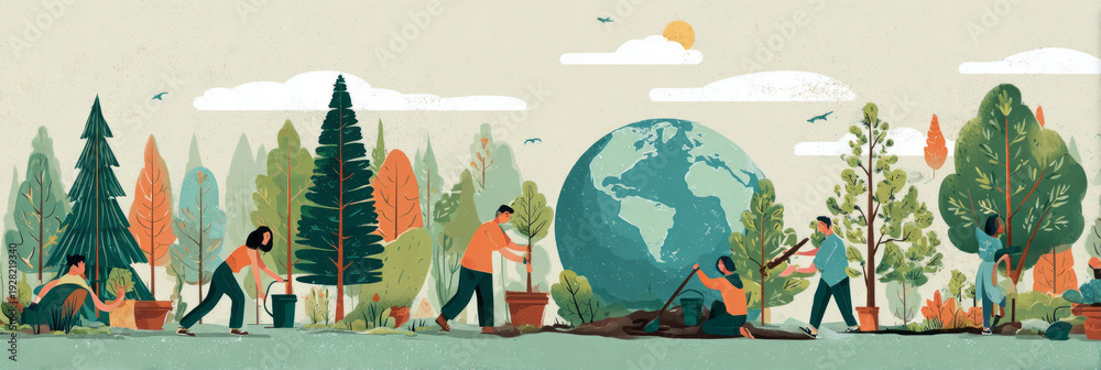 Obraz premium Groups of people engage in planting trees and tending to plants as they celebrate Earth Day. The scene features a large globe and many trees in a garden space