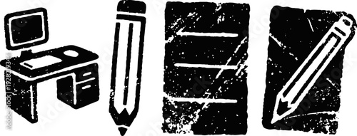 Grunge icons of office desk and pencil with textured paper and writing tool illustrations