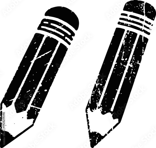 Grunge pencil icons with erasers, vintage school writing instruments in black silhouette design