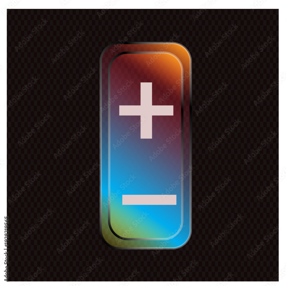 Fototapeta premium A glowing, colorful toggle switch icon featuring plus and minus symbols, isolated on a transparent background with a dark checkered pattern, perfect for interface design and digital applications.