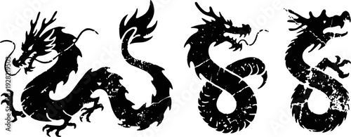 black silhouette dragons in various poses mythical eastern dragon creatures with fierce expressions and dynamic shapes