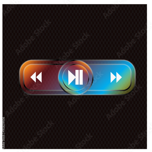 A modern and colorful media player control panel with play pause and skip icons isolated on a transparent background showcasing a vibrant gradient and sleek design for audio or video applications