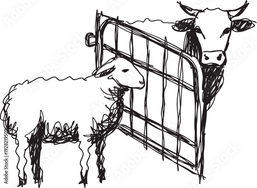 Sheep and cow standing near metal gate in black ink sketch drawing