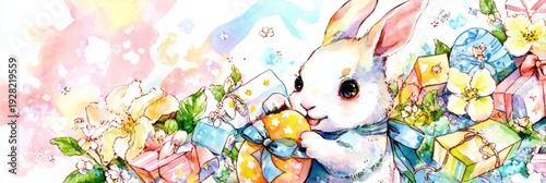 A cute bunny stands proudly, holding a bright Easter egg. The scene includes vibrant flowers and many wrapped gifts, creating a festive atmosphere for the holiday, banner