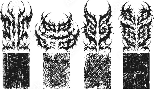 four black and white abstract flame tattoo designs with distressed texture and grunge