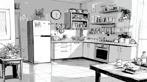 Detailed black and white illustration of a modern kitchen interior, domestic scene with appliances, cooking area, and home decor.