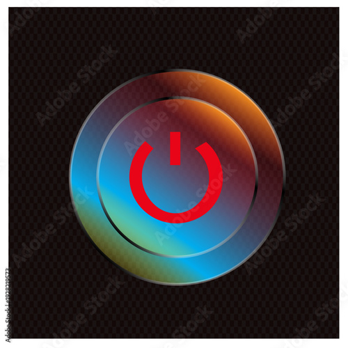 A glowing red power symbol icon rendered in a circular button with a blue and orange gradient and metallic rim isolated on a dark transparent background representing technology and energy