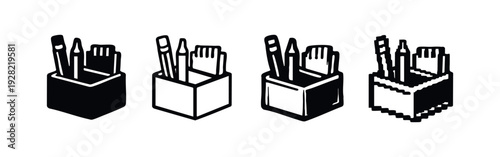 Pen Holder Icon Set with Pencils and Ruler in Solid, Outline, Shaded, and Pixel Art Styles.