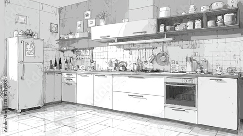 Modern Kitchen Interior Sketch Illustration with Minimalist Design. Contemporary Home Apartment Decor Drawing in Black and White.