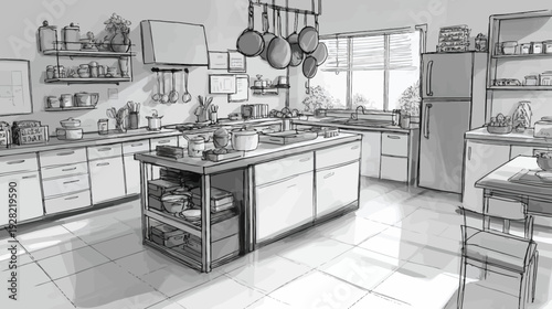 Detailed Black and White Sketch Illustration of a Modern Home Kitchen Interior with Island, Cabinets, and Appliances