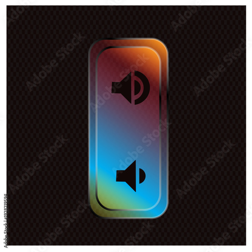 Sound volume control switch icon with mute symbol and speaker symbol on a colorful gradient background isolated on transparent background