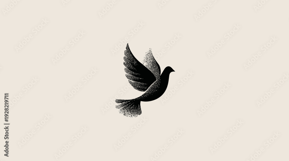 Fototapeta premium Stylized flying dove illustration with outstretched wings, symbolizing peace, freedom, and hope. Minimalist black and white design element.
