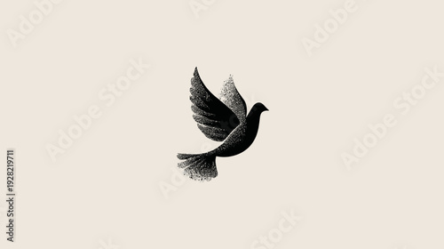 Stylized flying dove illustration with outstretched wings, symbolizing peace, freedom, and hope. Minimalist black and white design element.