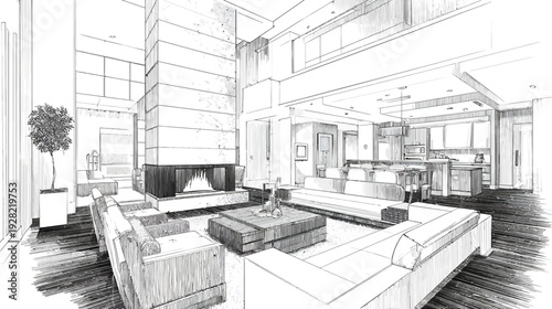 Modern Luxury Apartment Interior Architectural Sketch. Open Plan Living Room Design with High Ceilings, Fireplace.
