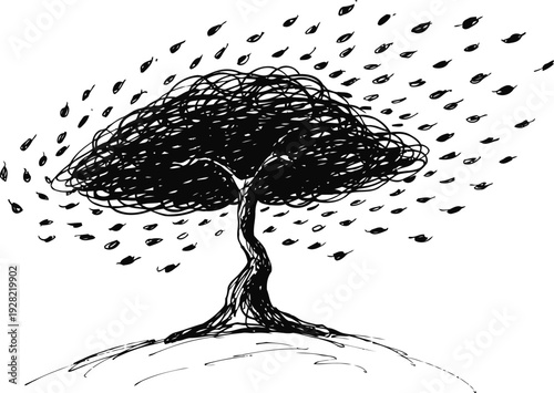 abstract black tree with swirling leaves in the wind, hand drawn ink sketch on white background