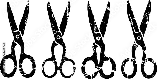 vintage scissors silhouettes set with grunge texture in black and white for design