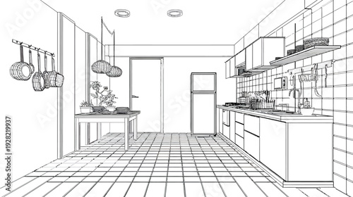Modern kitchen interior design blueprint sketch. Architectural line drawing perspective of contemporary home apartment dining area.