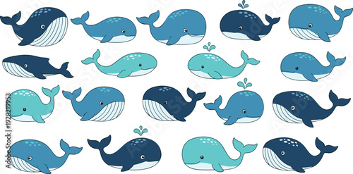 Set of cute cartoon whale vector illustrations with various blue species swimming and spouting water isolated on white background for marine design