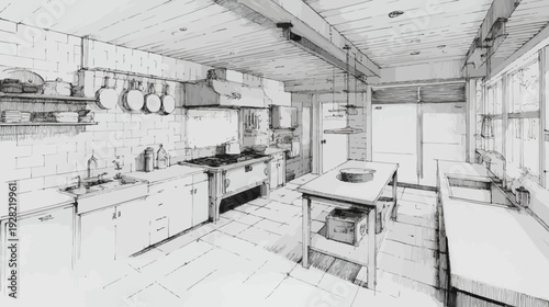Black and white architectural perspective drawing of a spacious, modern kitchen interior with island and professional appliances.