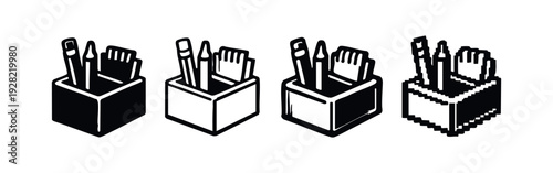Pen Holder Icon Set with Pencils and Ruler in Solid, Outline, Shaded, and Pixel Art Styles.