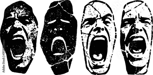 Four screaming abstract faces in black and white, expressive emotional artwork, distressed texture