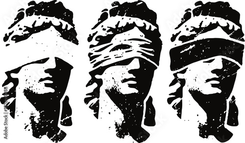 three blindfolded classical statues ancient sculptures, justice and mystery concept