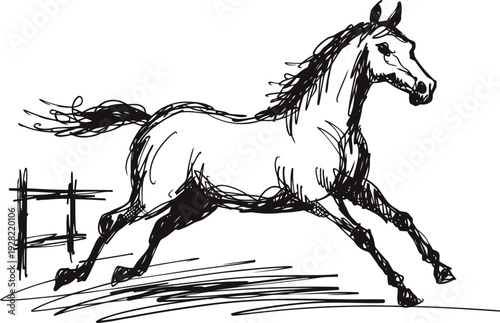 Sketch of galloping horse with flowing mane and tail, dynamic animal movement illustration
