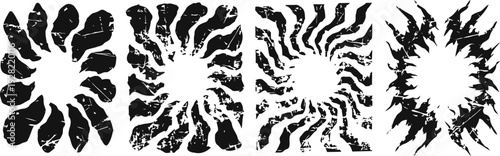 Black abstract splatter shapes set ink blot bursts with organic and irregular edges, artistic creative elements